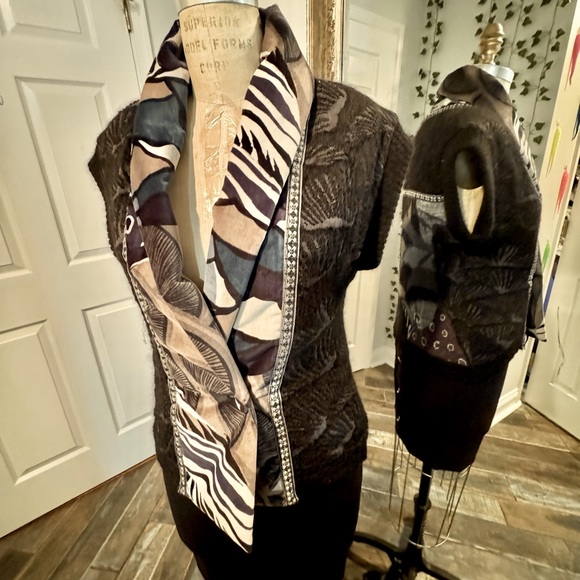 CHACOK FRANCE mixed media black knitted double breasted vest w/velvet ft+collar - Picture 1 of 12